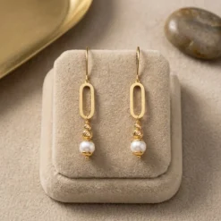21K Gold Paperclip Link Dangling Pearl Earrings - 3.57g - Sultan Gold - أقراط حلقات مع لؤلؤ متدلي ذهب عيار 21 - 3.57 غرام - ذهب السلطان