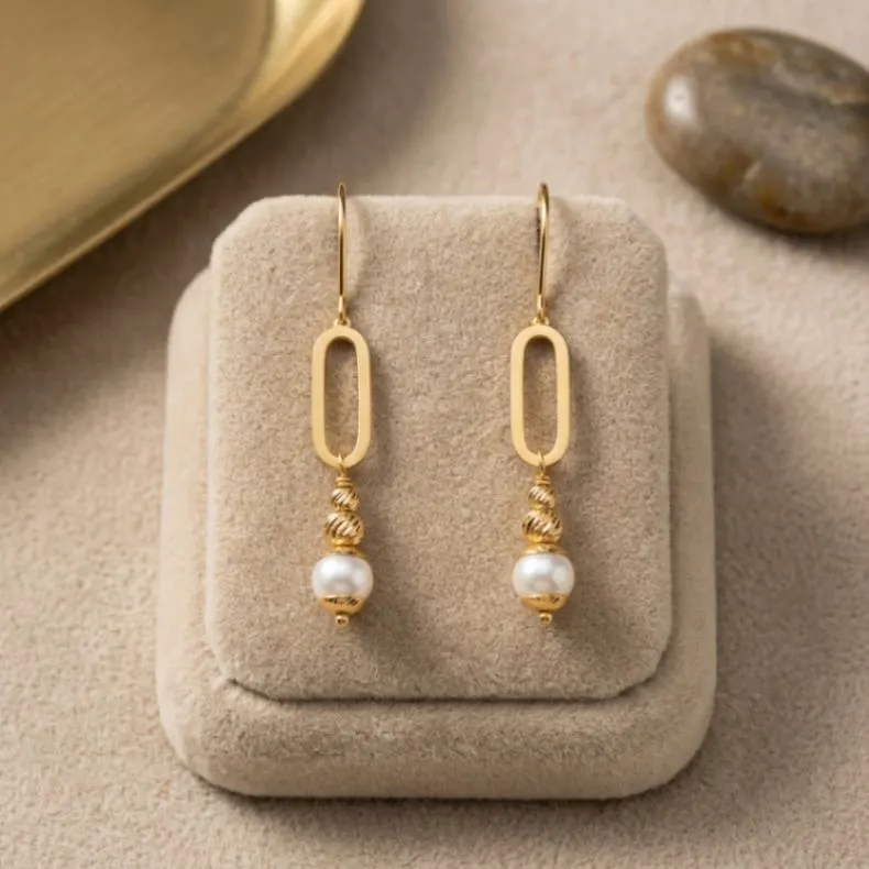 21K Gold Paperclip Link Dangling Pearl Earrings - 3.57g - Sultan Gold - أقراط حلقات مع لؤلؤ متدلي ذهب عيار 21 - 3.57 غرام - ذهب السلطان