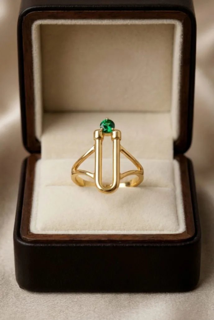 21K Gold U-Link Horseshoe Emerald Ring - 2.71g - Sultan Gold - خاتم قوس يو مرصع بحجر أخضر ذهب عيار 21 - 2.71 غرام - ذهب السلطان