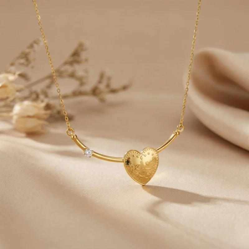 21K Gold Ribbed Puffed Heart Station Necklace - 5.7g - Sultan Gold - عقد قلب بارز مضلع ذهب عيار 21 - 5.7 غرام - ذهب السلطان