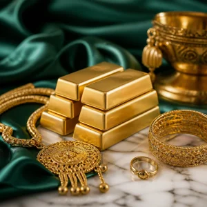Gold bars and jewelry on green fabric - Sultan Gold - سبائك ذهب ومجوهرات على قماش أخضر - ذهب ا