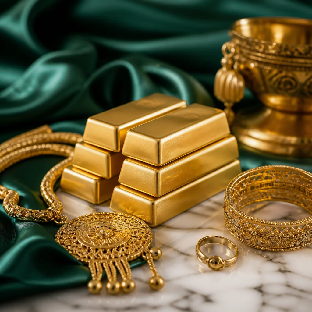Gold bars and jewelry on green fabric - Sultan Gold - سبائك ذهب ومجوهرات على قماش أخضر - ذهب ا